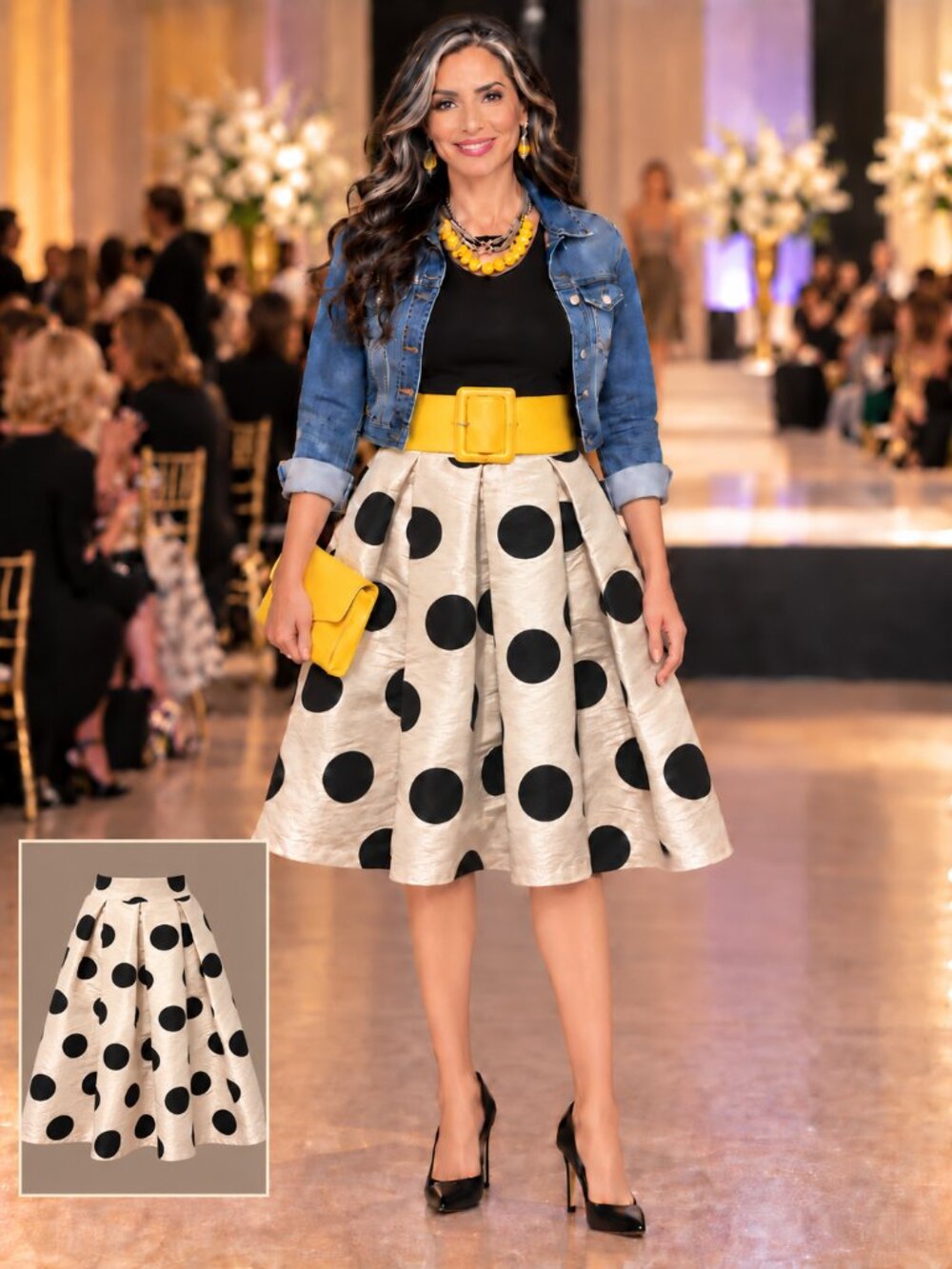 Polka Dot Box Pleat Midi Skirt Black & Cream/White Size Small